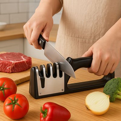 un chef cuisinier avec notre aiguiseur couteau